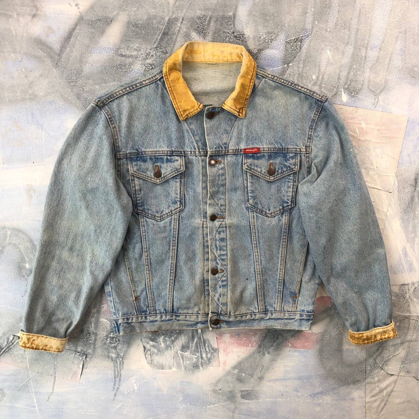 Vintage Wrangler Leather Collar Denim Button Jacket L