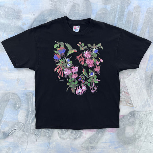Vintage 90s Valerie Pfeiffer Fuchsias & Hummingbirds Single Stitch T Shirt XL