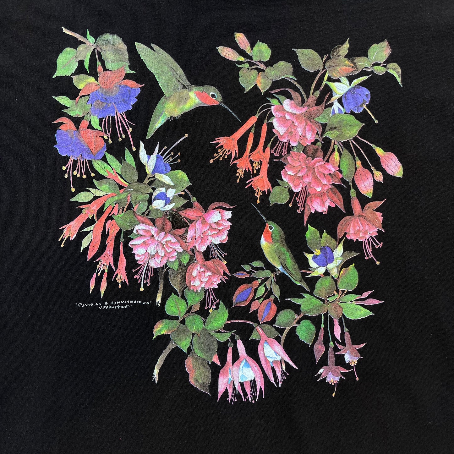 Vintage 90s Valerie Pfeiffer Fuchsias & Hummingbirds Single Stitch T Shirt XL