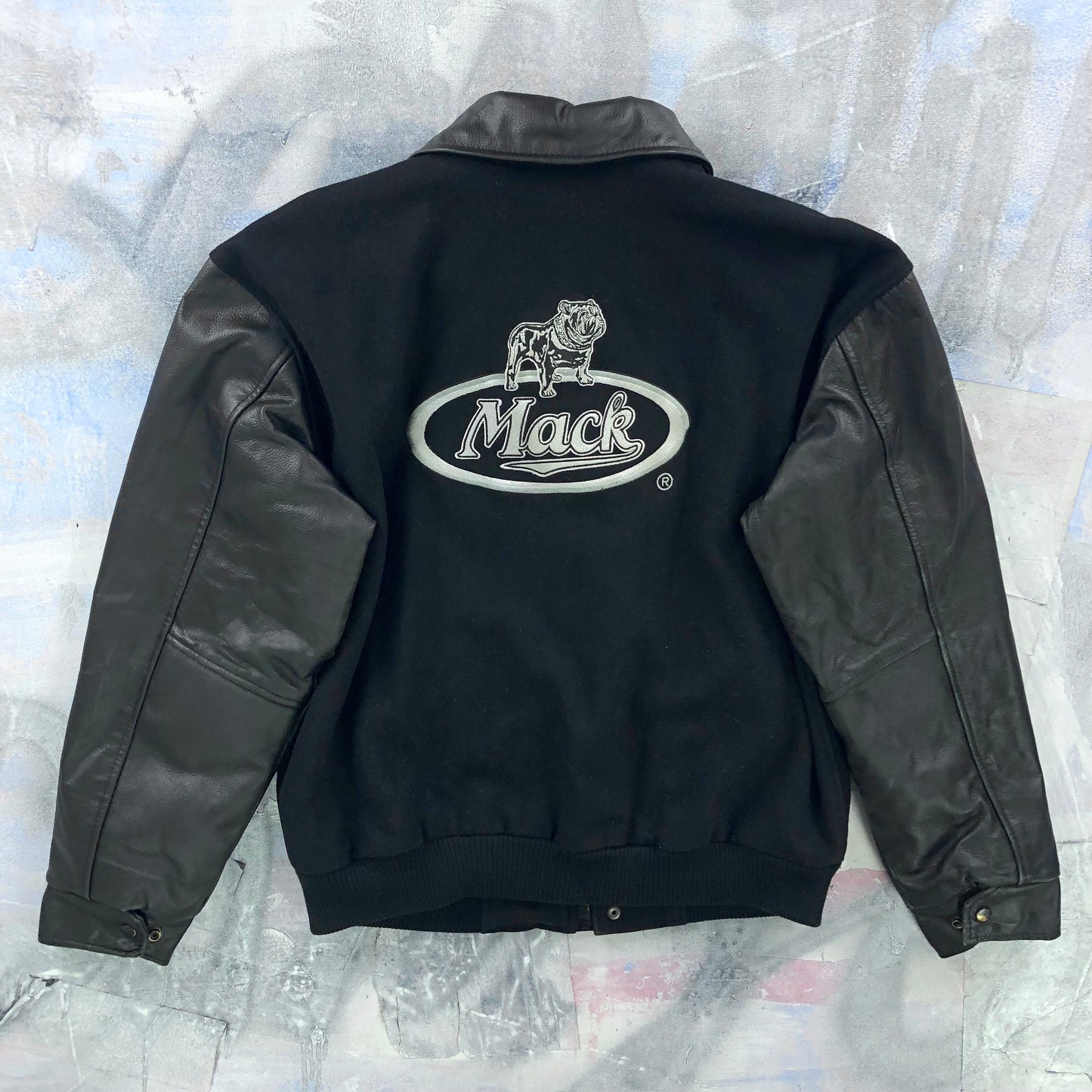 Vintage Mack Trucks Embroided Wool Leather Bomber Zip Jacket M