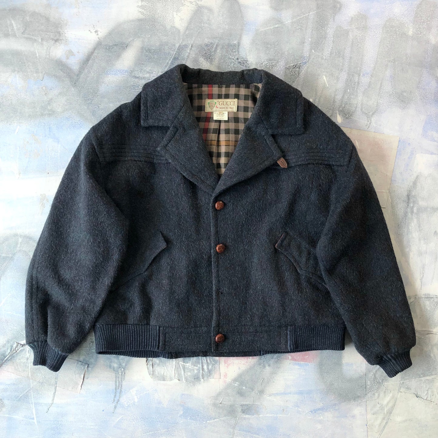 Vintage 80s Gucci Plaid lined Wool Bomber Button Jacket XL