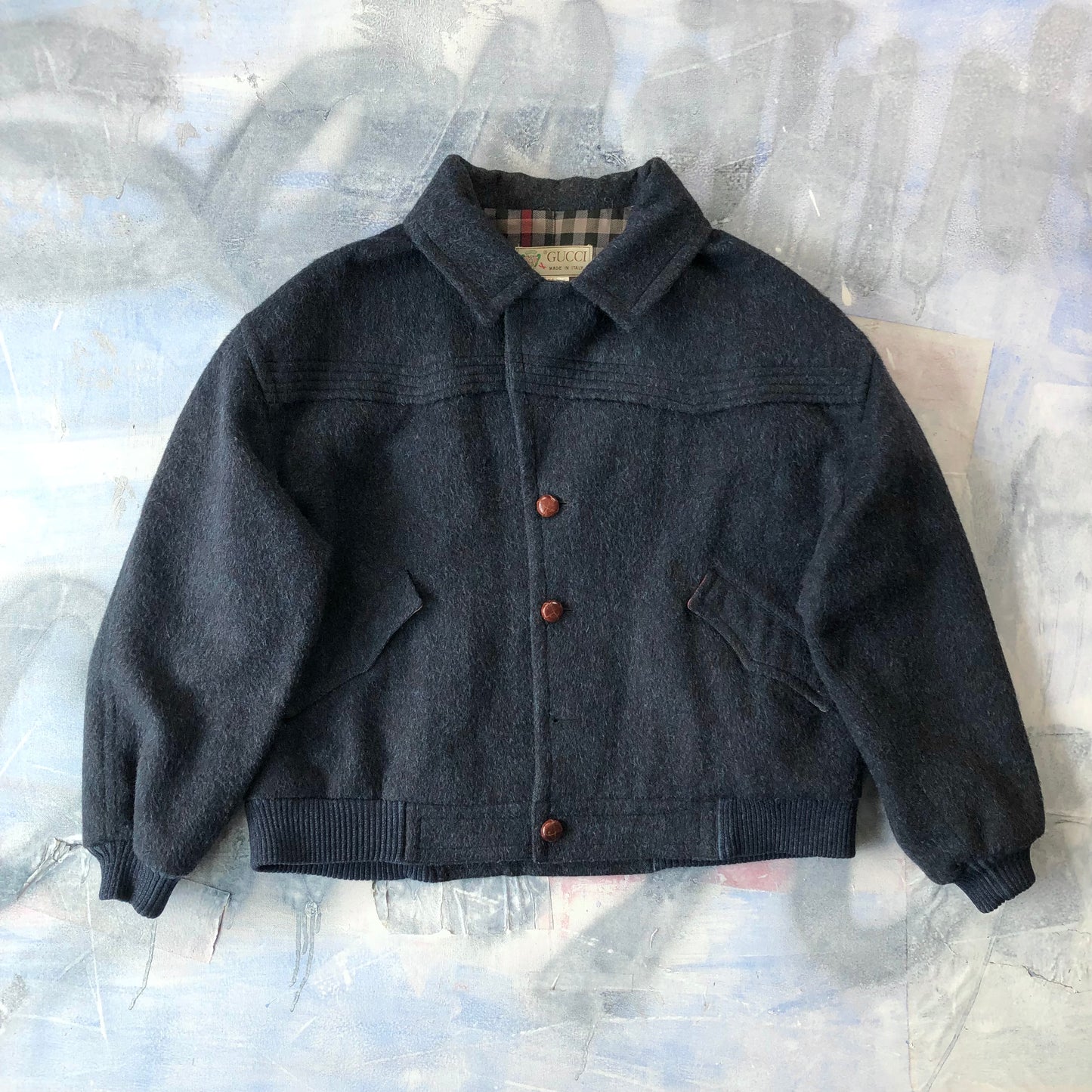 Vintage 80s Gucci Plaid lined Wool Bomber Button Jacket XL