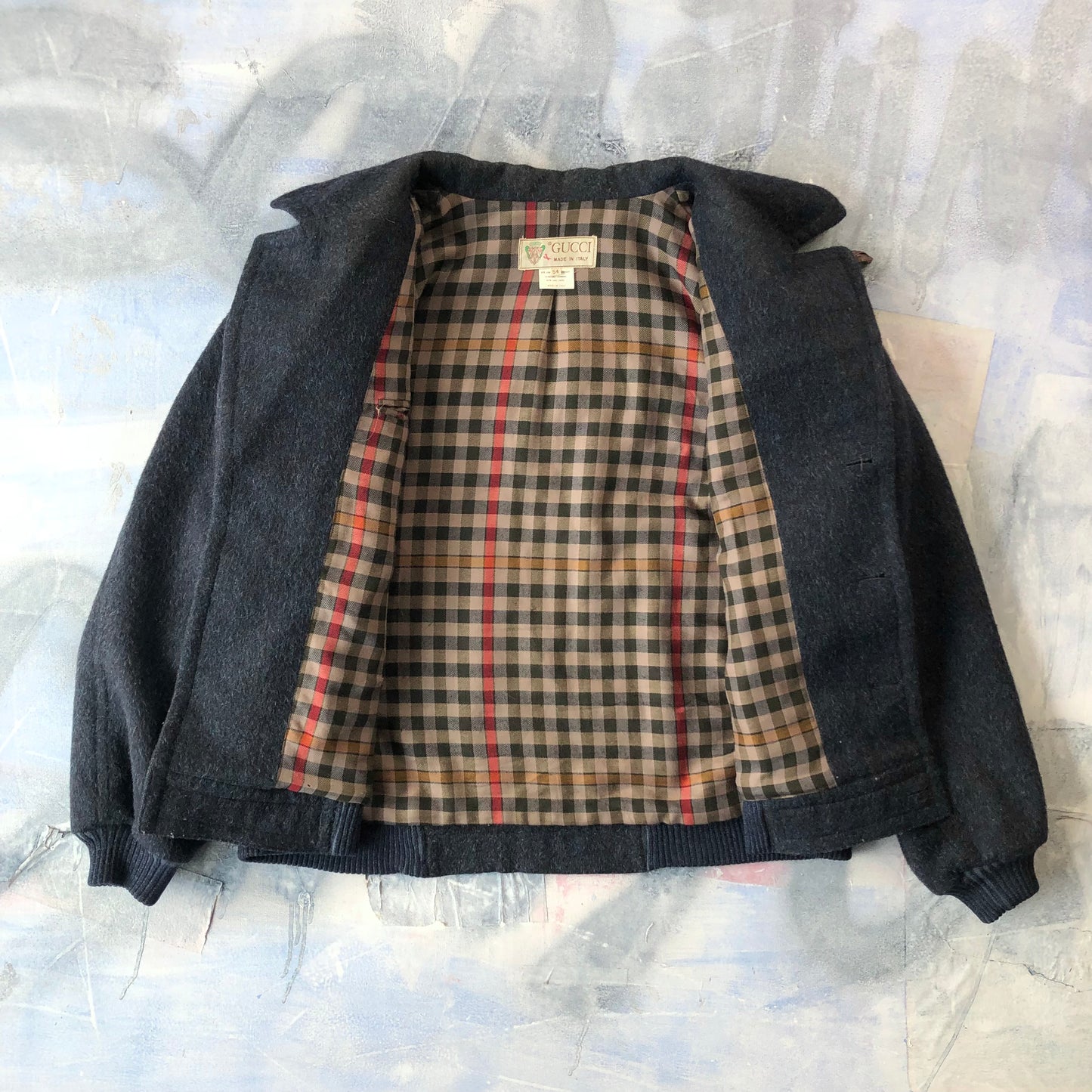 Vintage 80s Gucci Plaid lined Wool Bomber Button Jacket XL