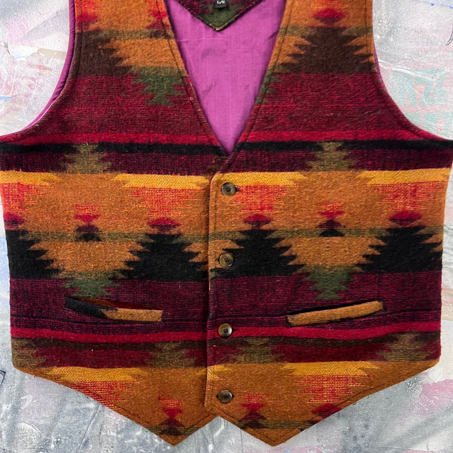 Vintage Western Aztec Wool Blanked Lined Button Vest L