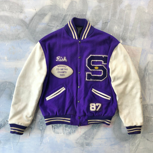 Vintage Varsity Football Letterman Leather Quilted Button Jacket XL
