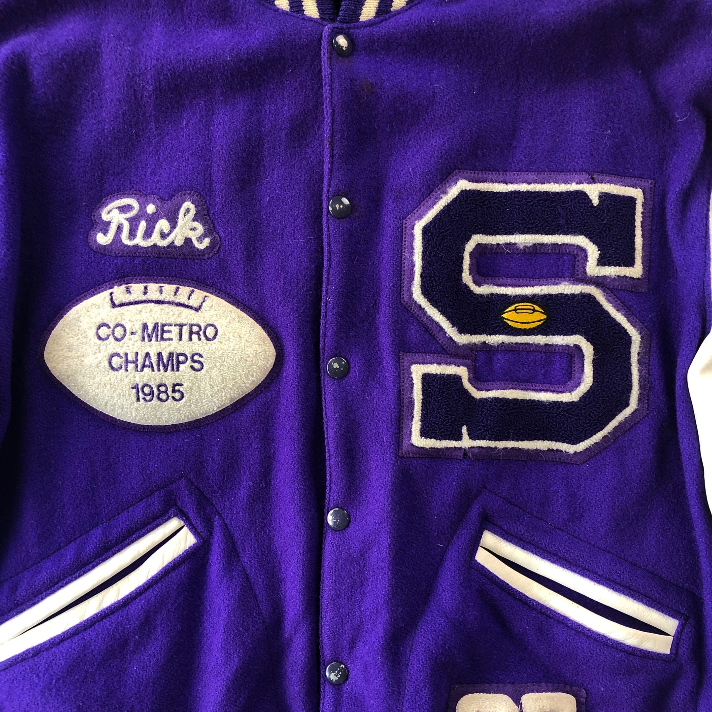 Vintage Varsity Football 1985 Co-Metro Champs Letterman Leather Quilted Button Jacket XL