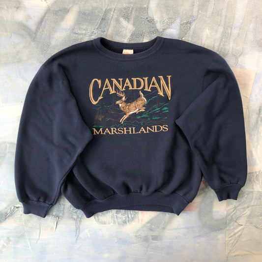 Vintage Canadian Marshlands Deer Nature Crewneck Sweatshirt XXL