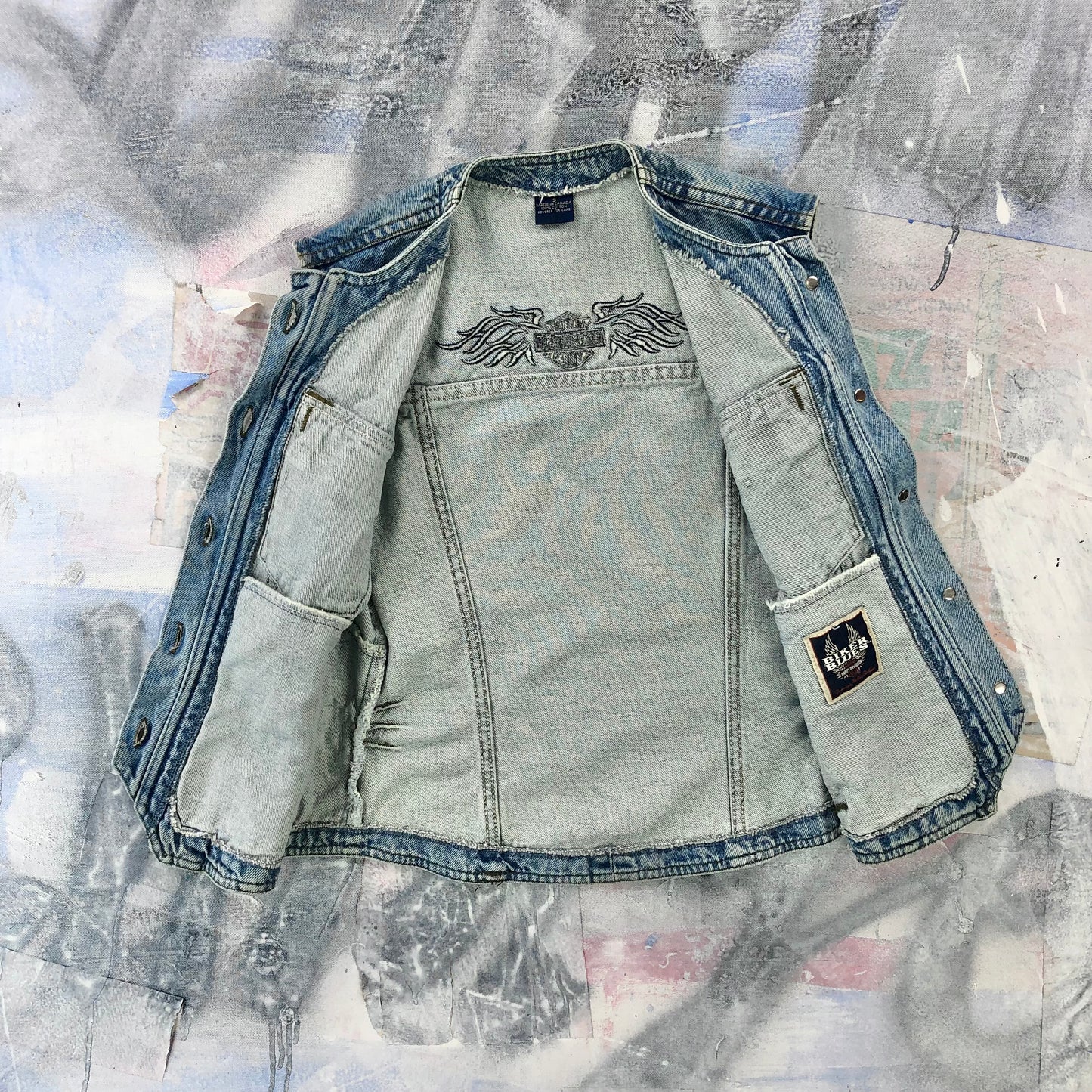 Vintage Biker Blues Harley Davidson Motorcycles Denim Button Vest S