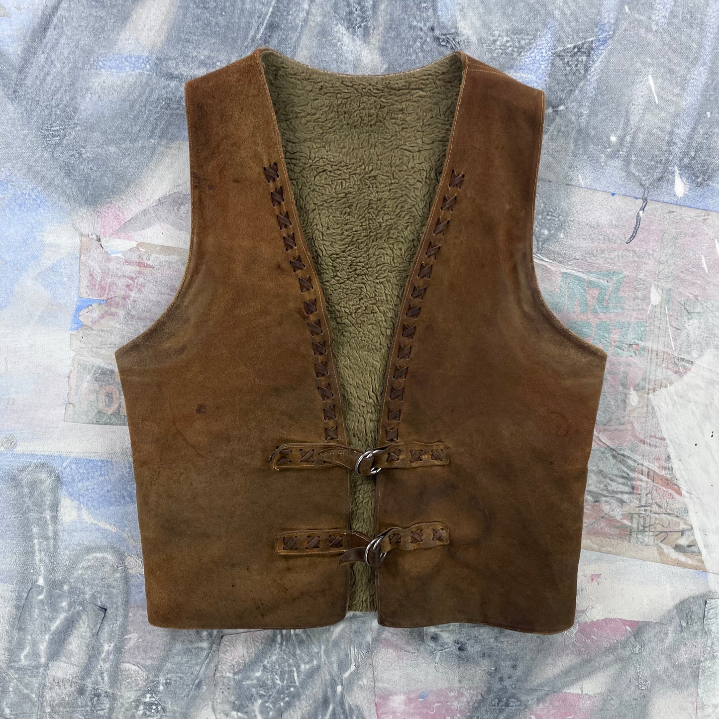 Vintage Western Suede Leather Sherpa Lined Buckel Strap Vest M