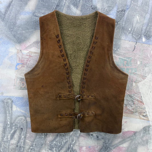 Vintage Western Suede Leather Sherpa Lined Buckel Strap Vest M