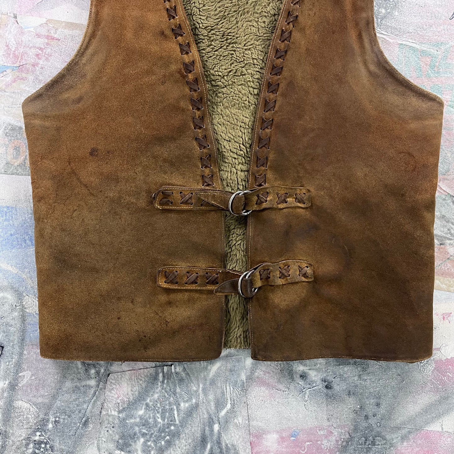 Vintage Western Suede Leather Sherpa Lined Buckel Strap Vest M