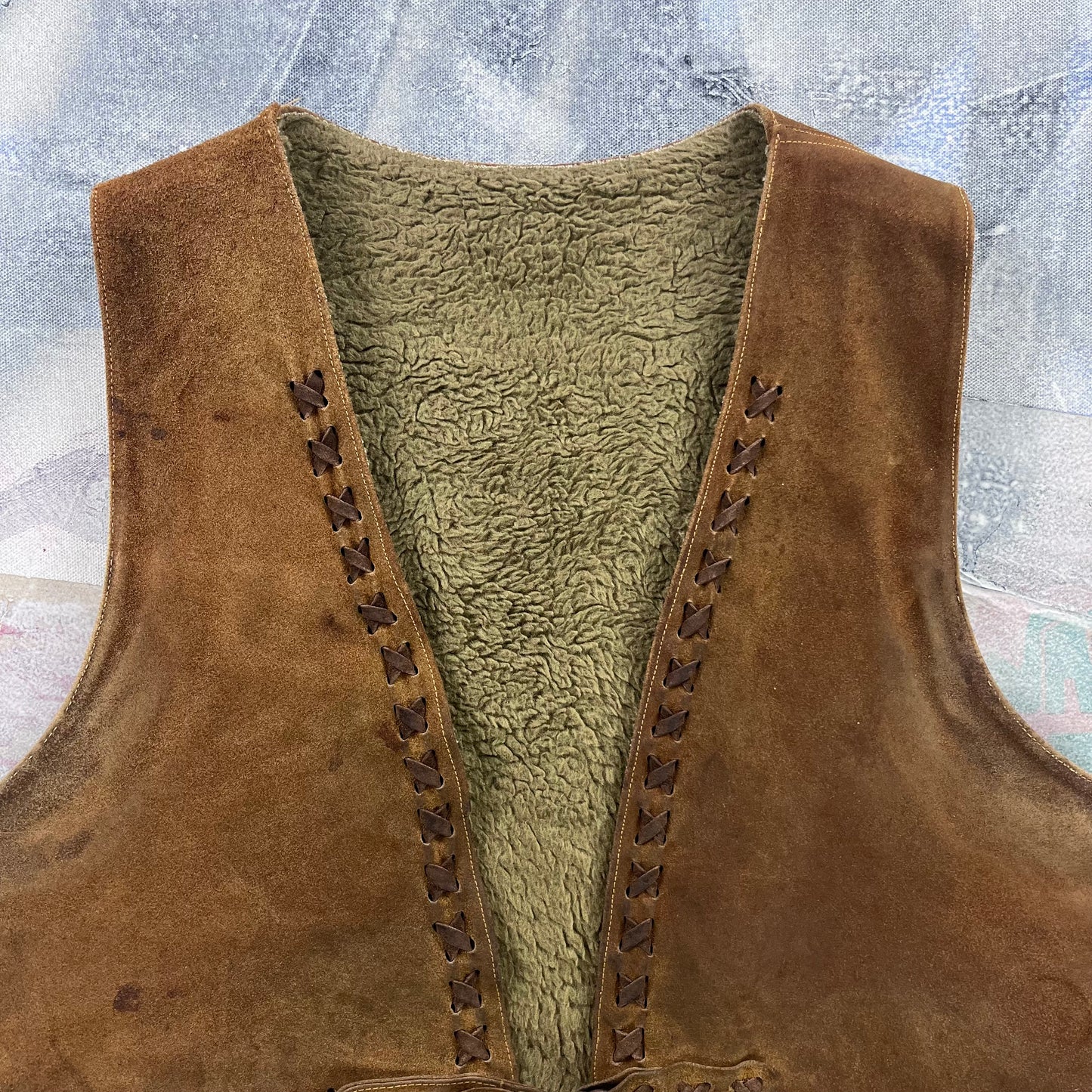 Vintage Western Suede Leather Sherpa Lined Buckel Strap Vest M