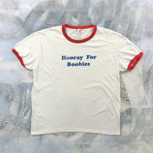 Vintage Rock Of Ages Hooray For Boobies Ringer T Shirt XL