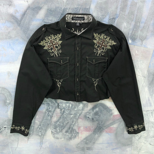 Vintage Y2K Victorious Rhinestone Cross Button Cropped Shirt XXL