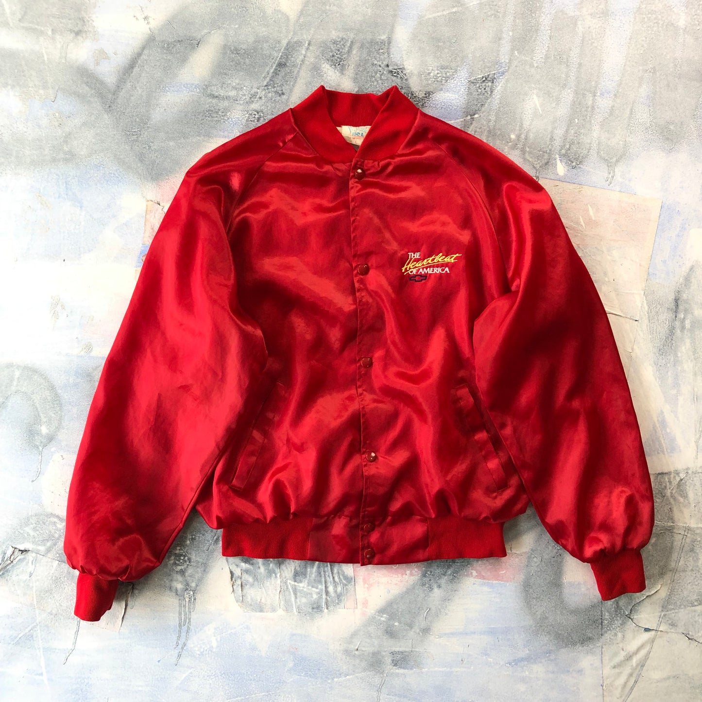 Vintage 80s USA Chevrolet The Heart Beat Of America Satin Bomber Blanket Lined Button Jacket L