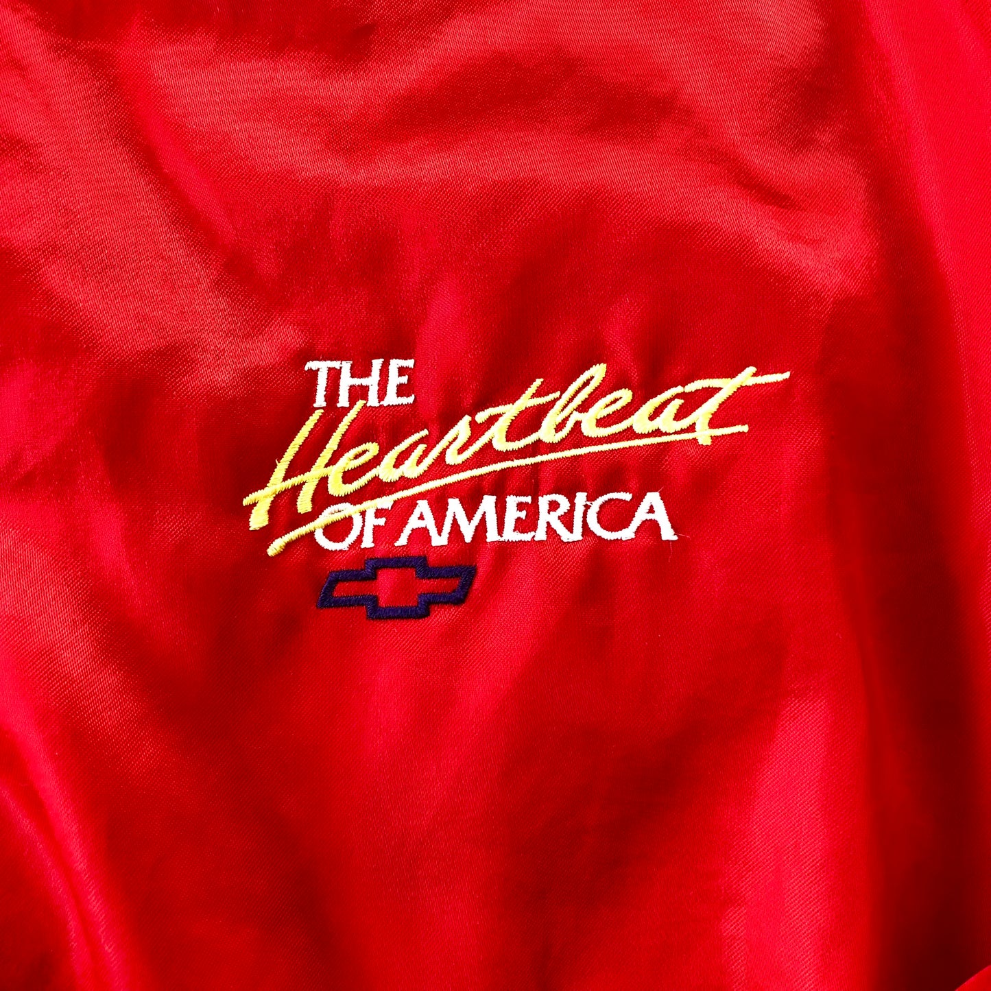 Vintage 80s USA Chevrolet The Heart Beat Of America Satin Bomber Blanket Lined Button Jacket L