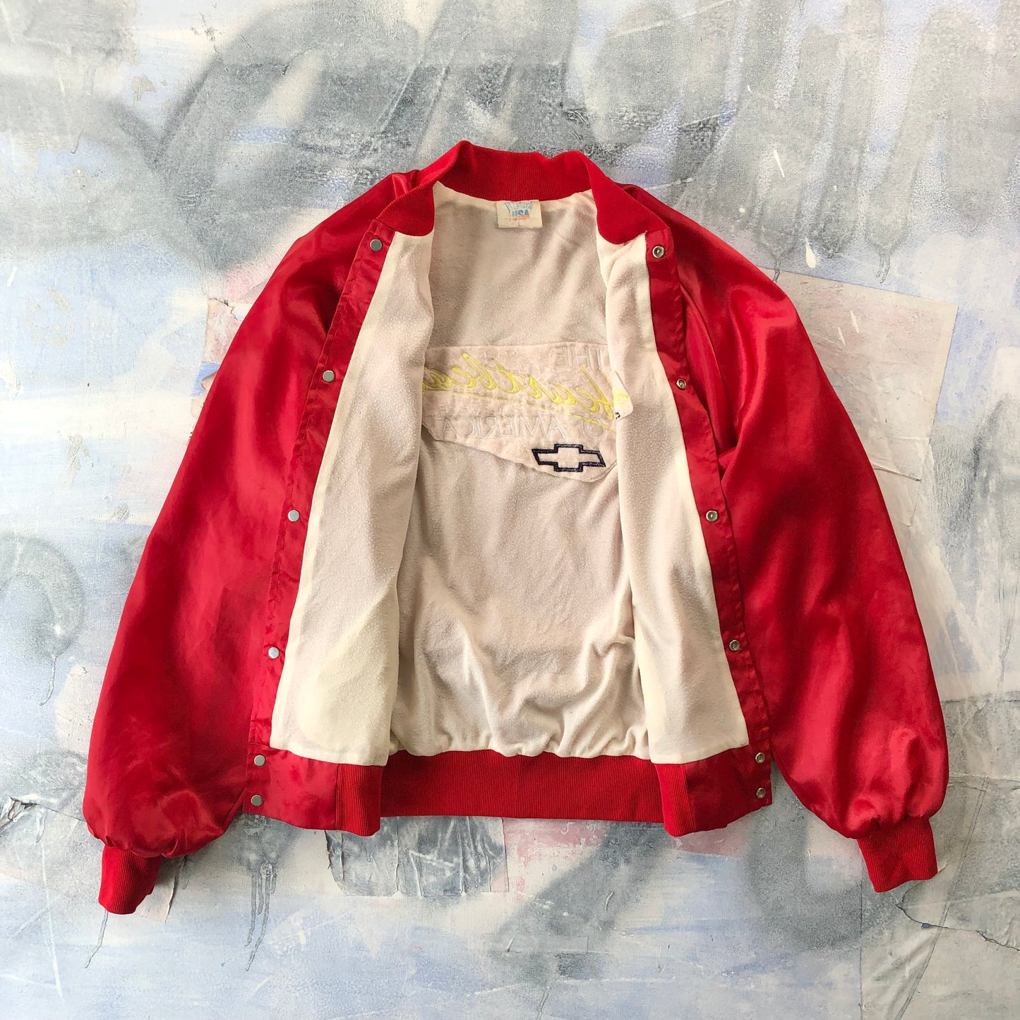 Vintage 80s USA Chevrolet The Heart Beat Of America Satin Bomber Blanket Lined Button Jacket L