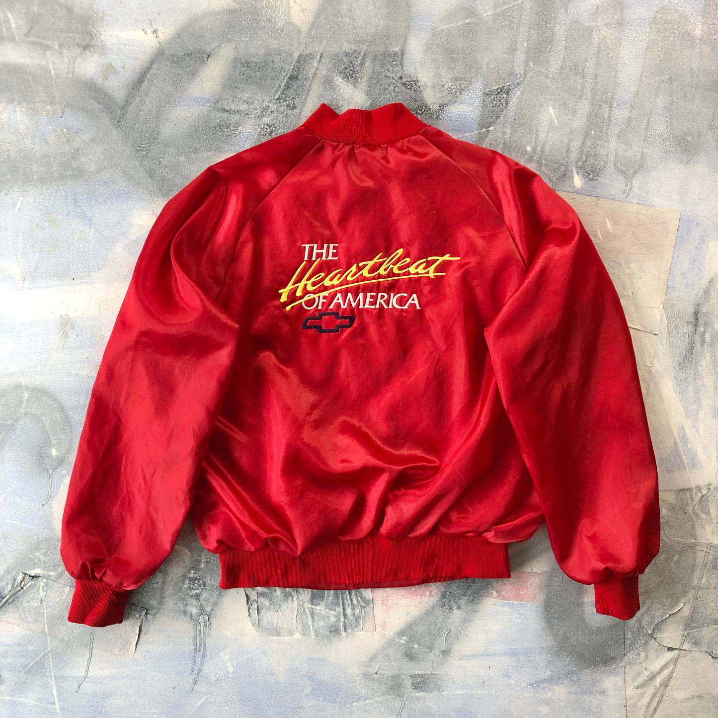 Vintage 80s USA Chevrolet The Heart Beat Of America Satin Bomber Blanket Lined Button Jacket L