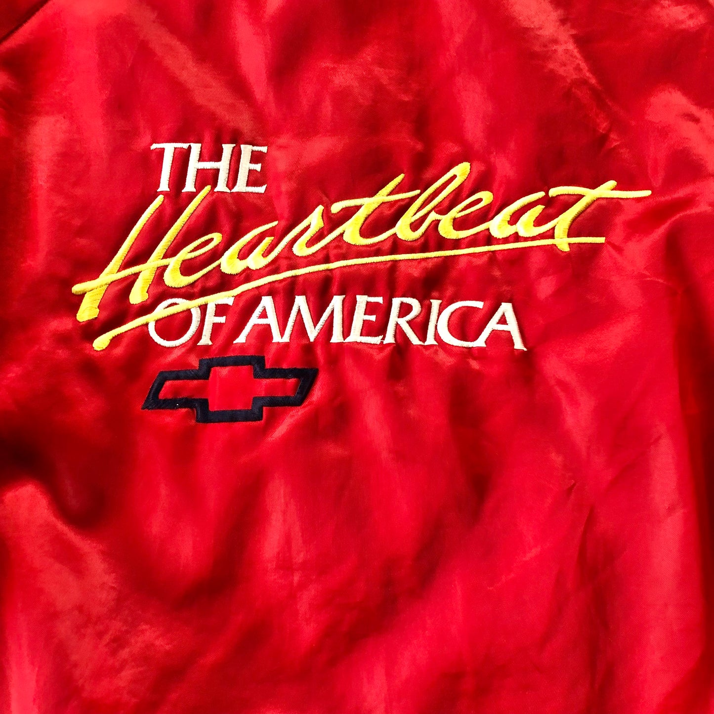 Vintage 80s USA Chevrolet The Heart Beat Of America Satin Bomber Blanket Lined Button Jacket L