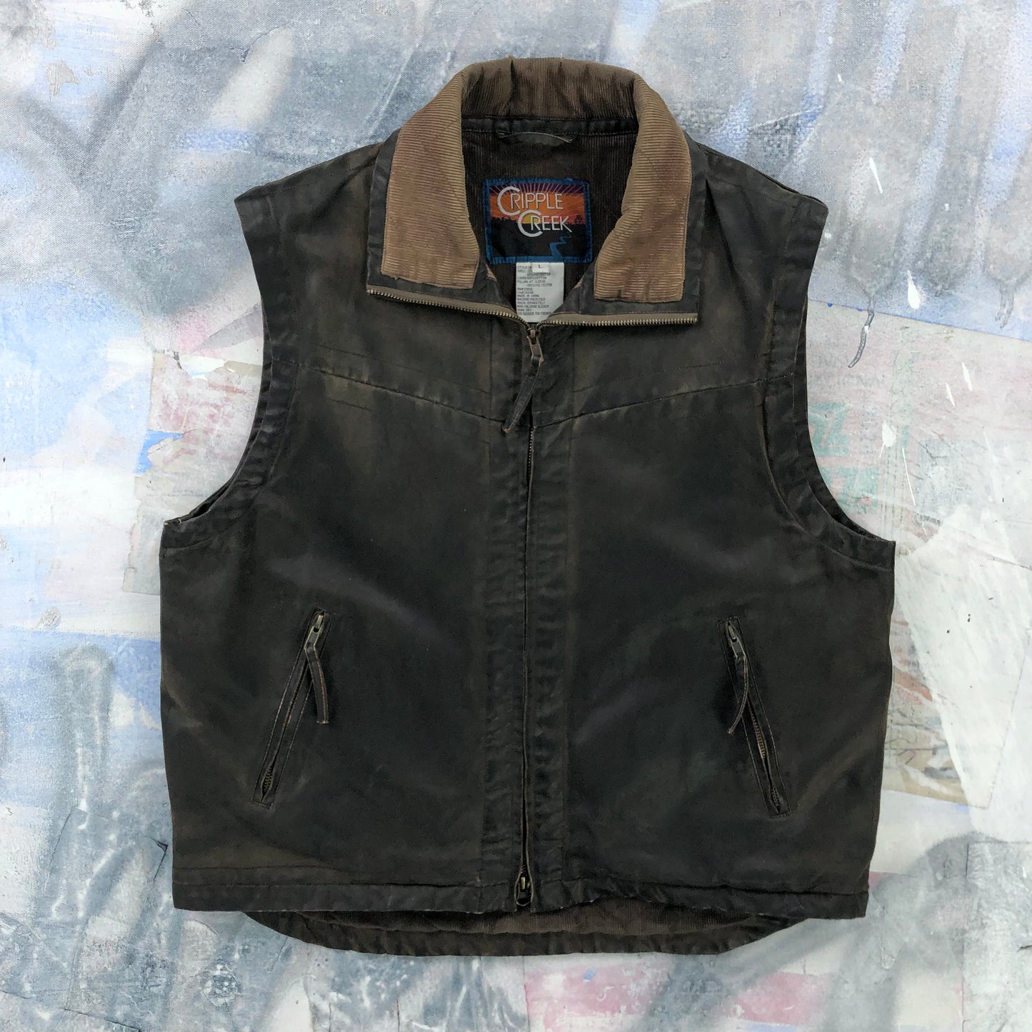 Cripple Creek Corduroy Collar Leather Zip Vest L