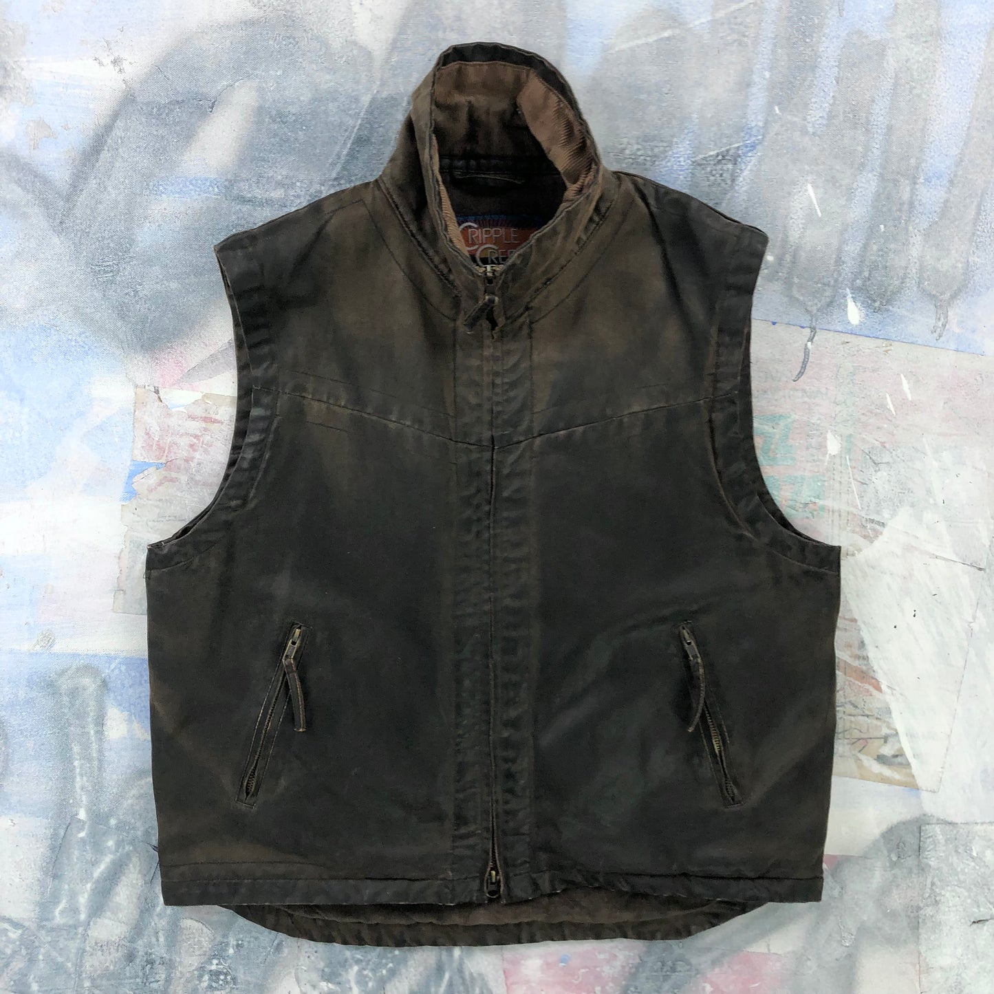 Cripple Creek Corduroy Collar Leather Zip Vest L