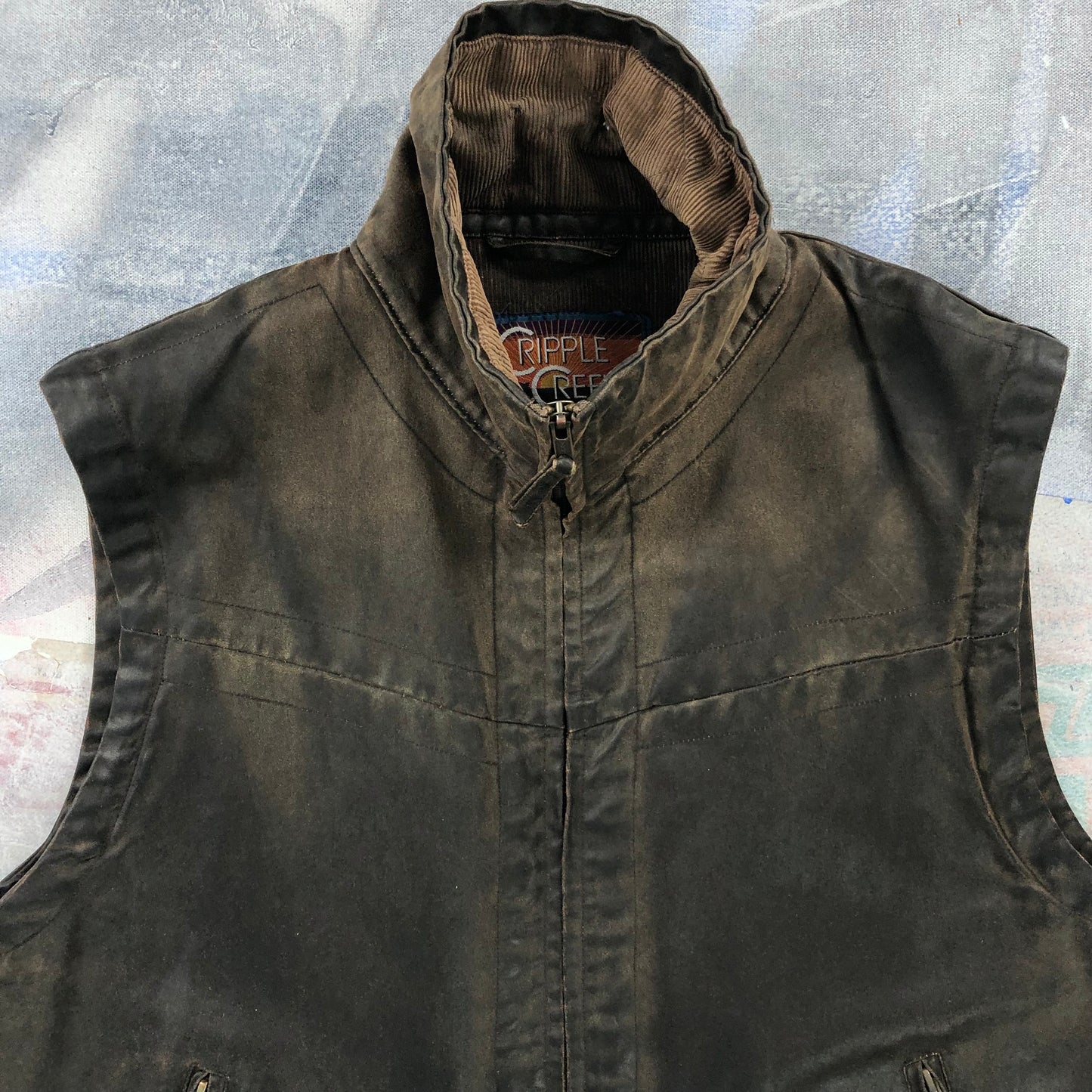 Cripple Creek Corduroy Collar Leather Zip Vest L