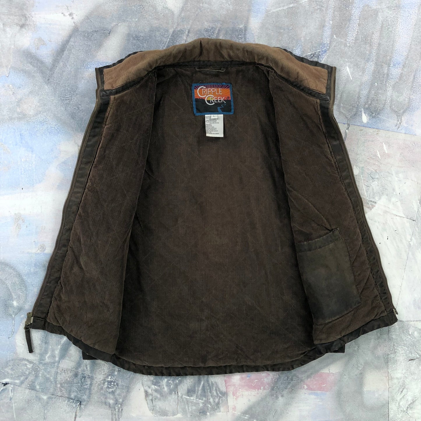Cripple Creek Corduroy Collar Leather Zip Vest L
