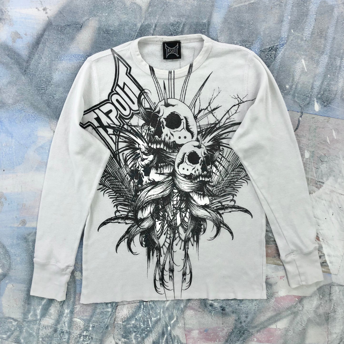 Vintage Y2K MMA Tapout Skull Long Sleeve Waffel Knit Shirt S