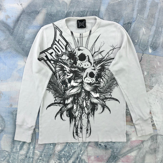 Vintage Y2K MMA Tapout Skull Long Sleeve Waffel Knit Shirt S