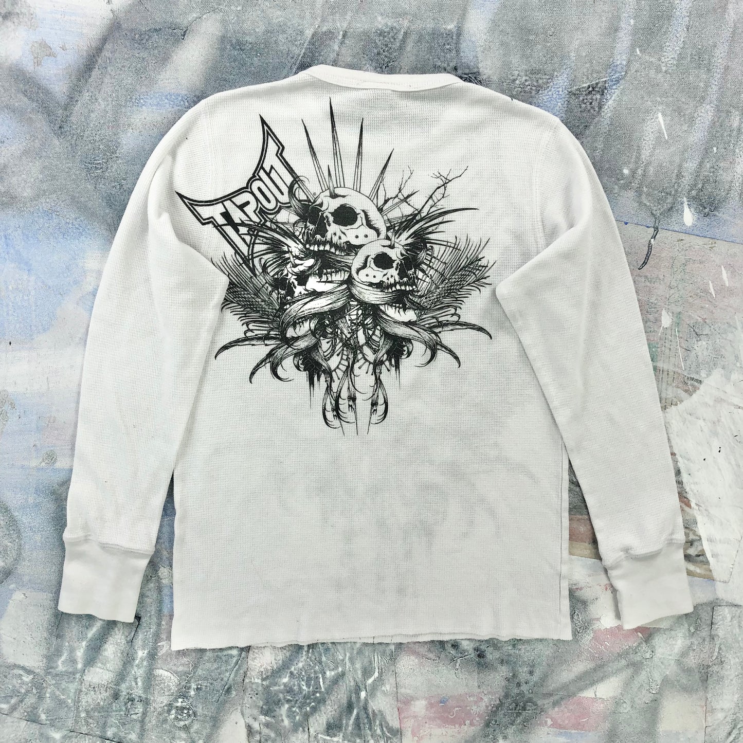 Vintage Y2K MMA Tapout Skull Long Sleeve Waffel Knit Shirt S