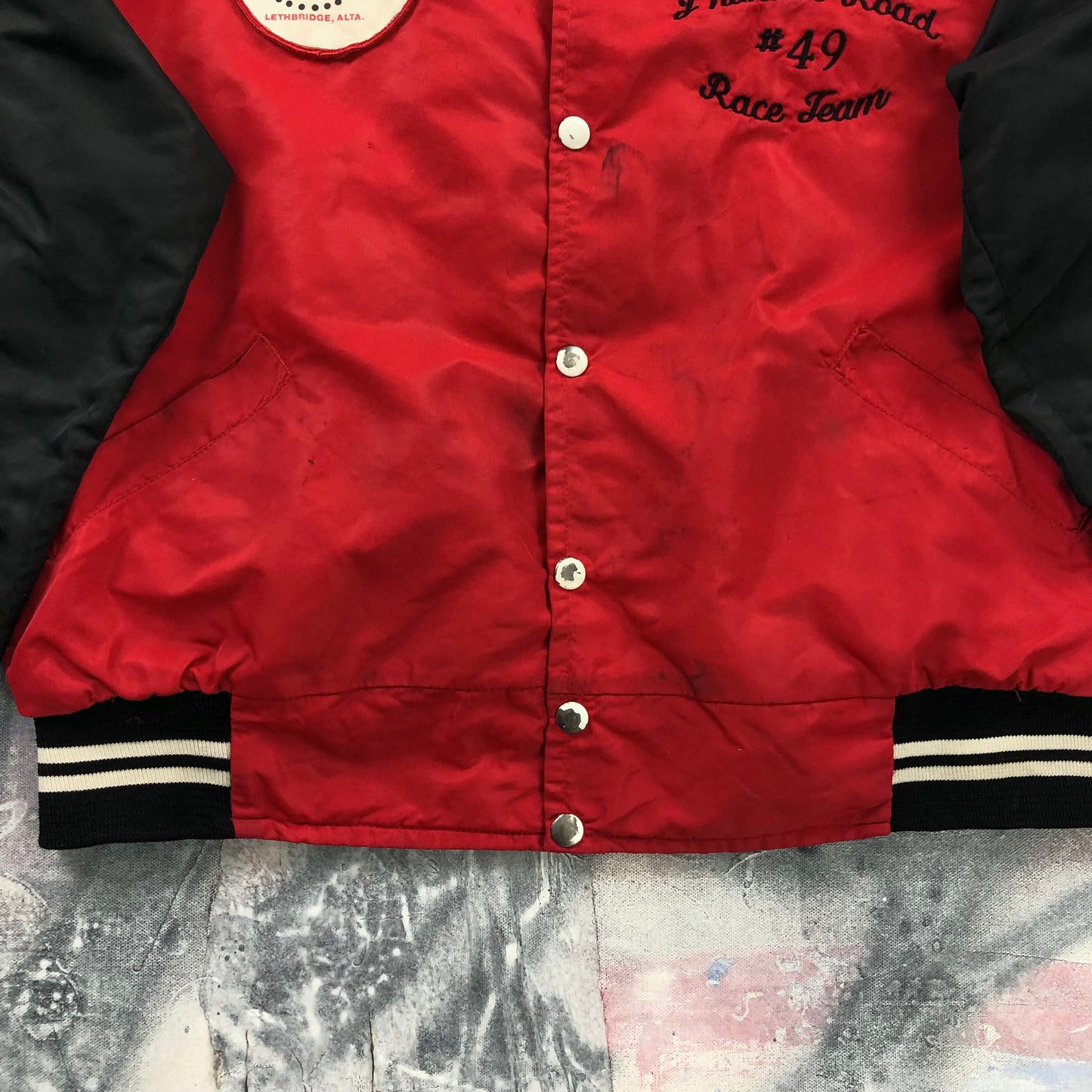 Vintage Chinook Auto Racing Association Lethbridge Alberta Blanket Lined Satin Bomber Button Jacket L