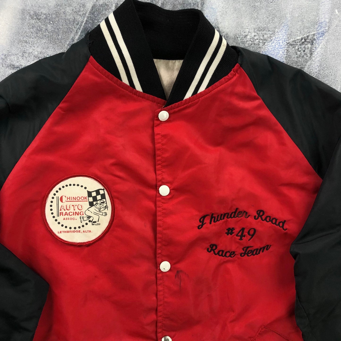 Vintage Chinook Auto Racing Association Lethbridge Alberta Blanket Lined Satin Bomber Button Jacket L