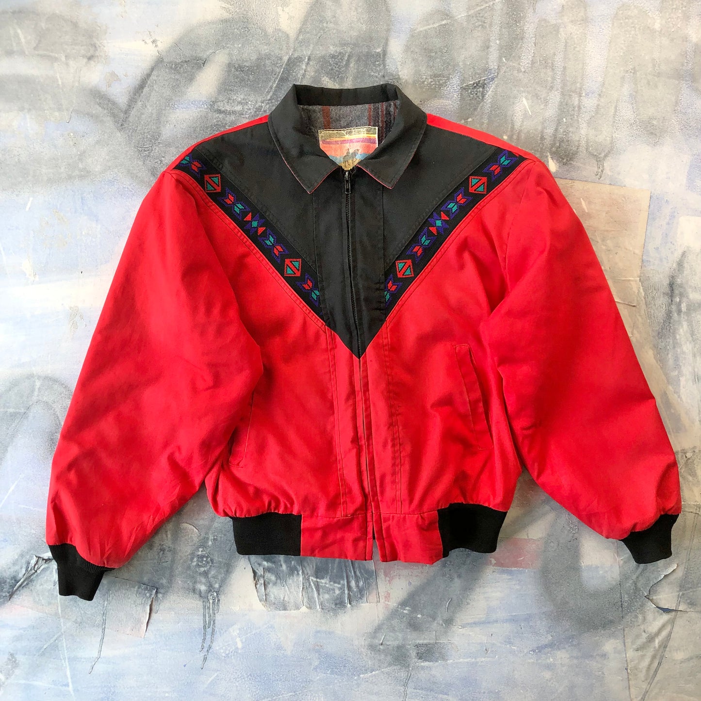 Vintage USA Santa Fe Trail Aztec Blanket Lined Bomber Zip Jacket XL