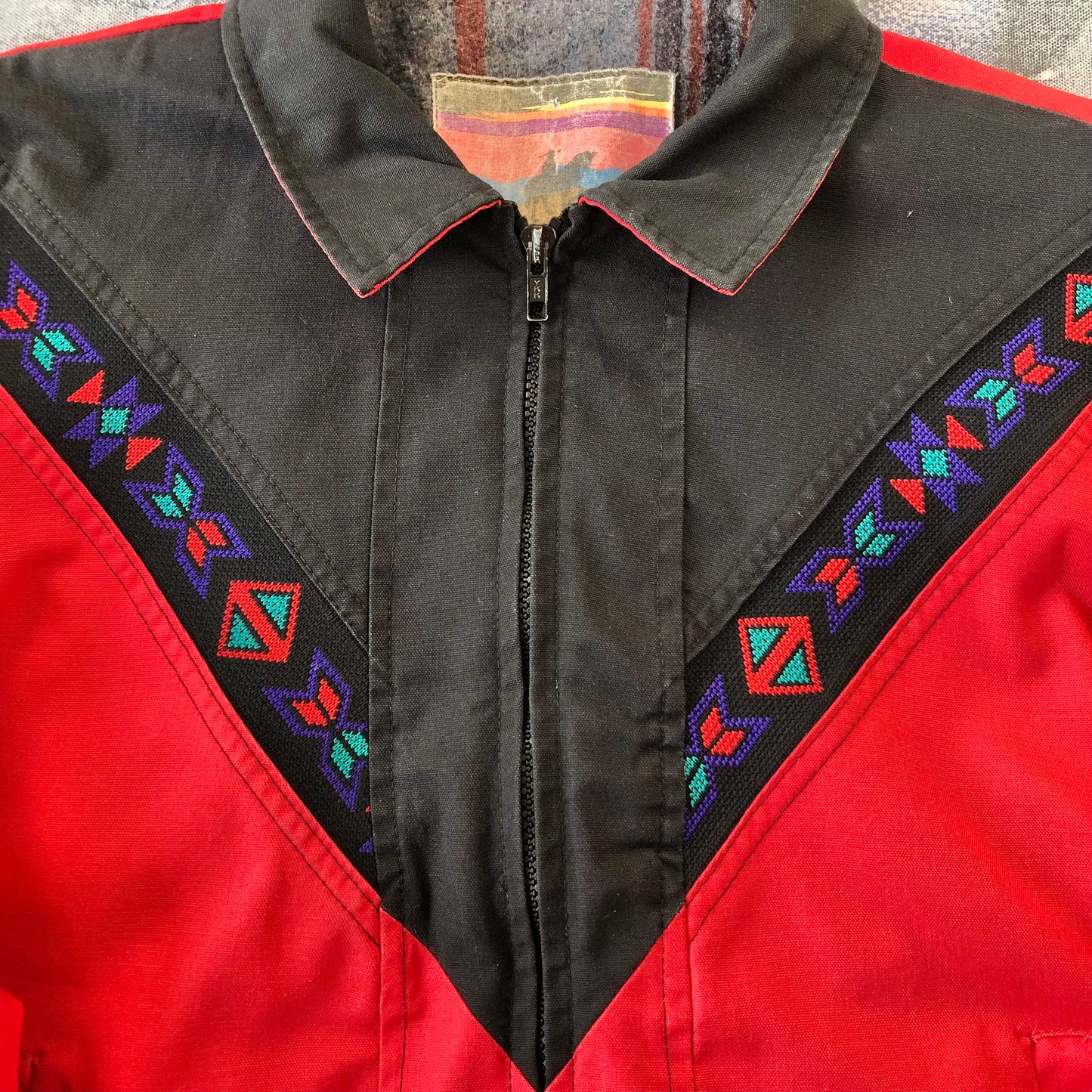 Vintage USA Santa Fe Trail Aztec Blanket Lined Bomber Zip Jacket XL