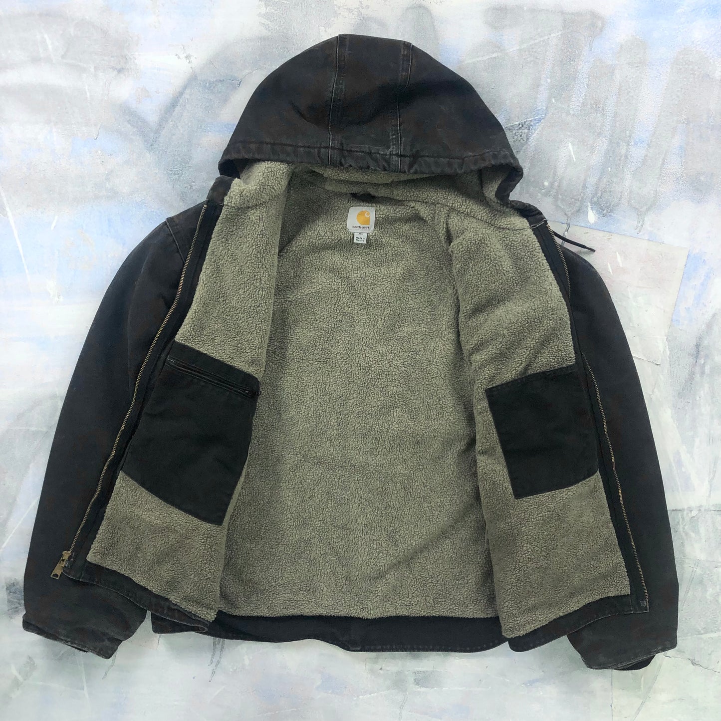 Vintage Carhartt J141 Sherpa Lined Workwear Hooded Zip Jacket XXL