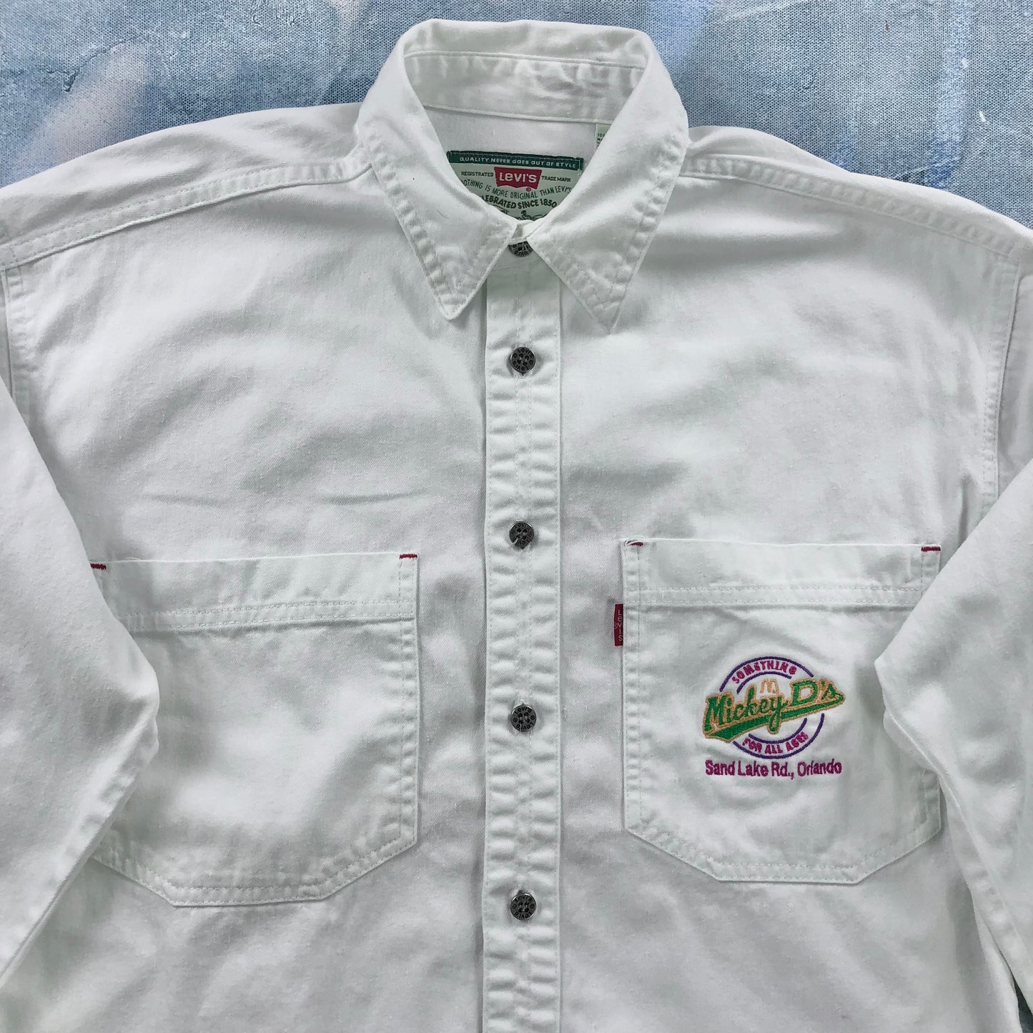 Vintage 90s Levis Embroided Mickey D´s Something For All Ages Denim Button Shirt S