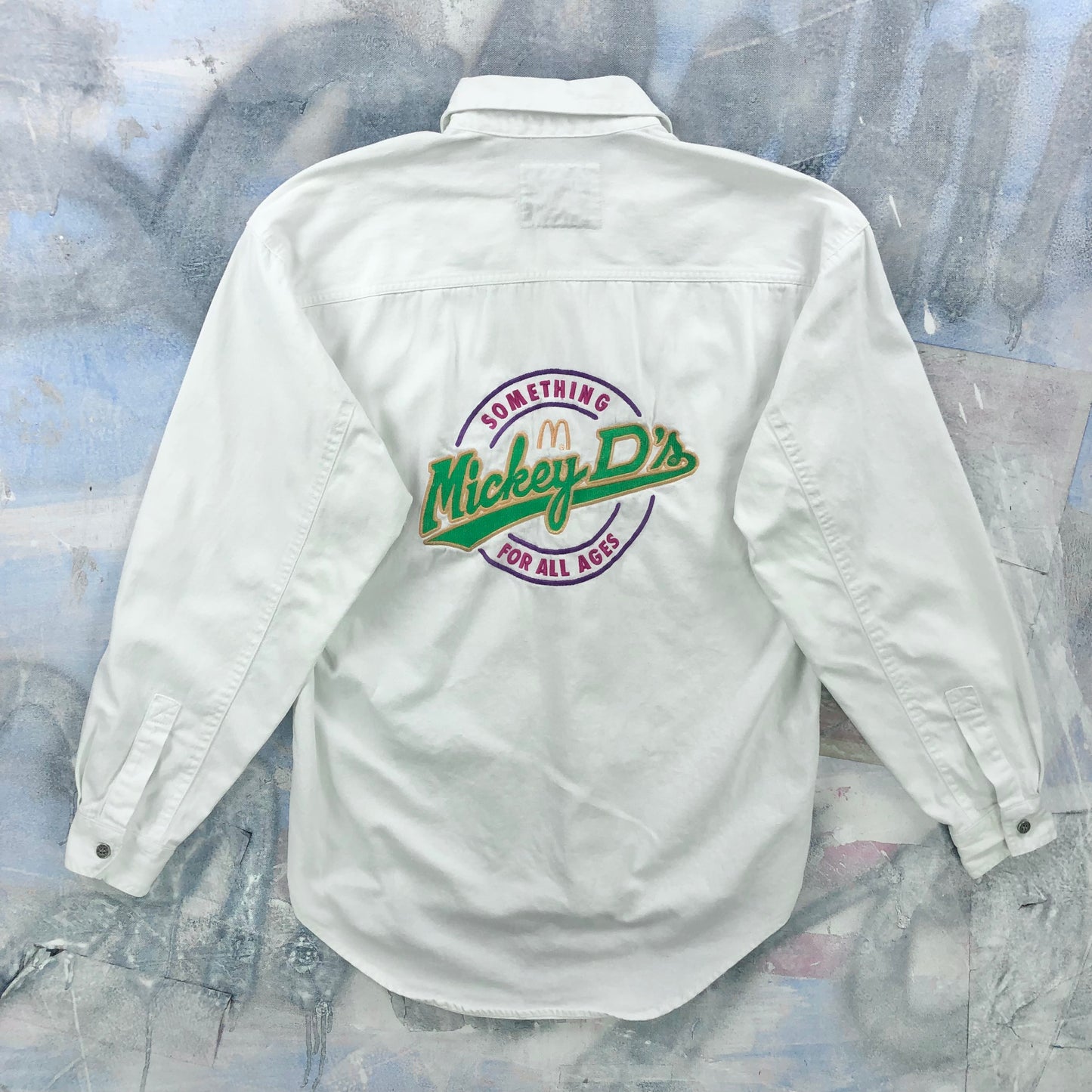 Vintage 90s Levis Embroided Mickey D´s Something For All Ages Denim Button Shirt S