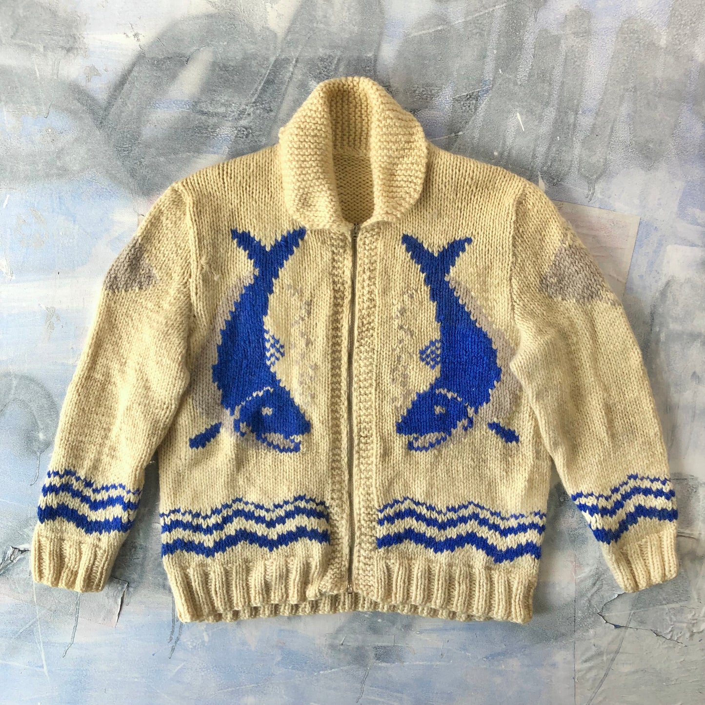 Vintage 60s Salmon Cowichan Wool Zip Sweater XL