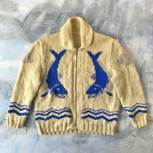 Vintage 60s Salmon Cowichan Wool Zip Sweater XL