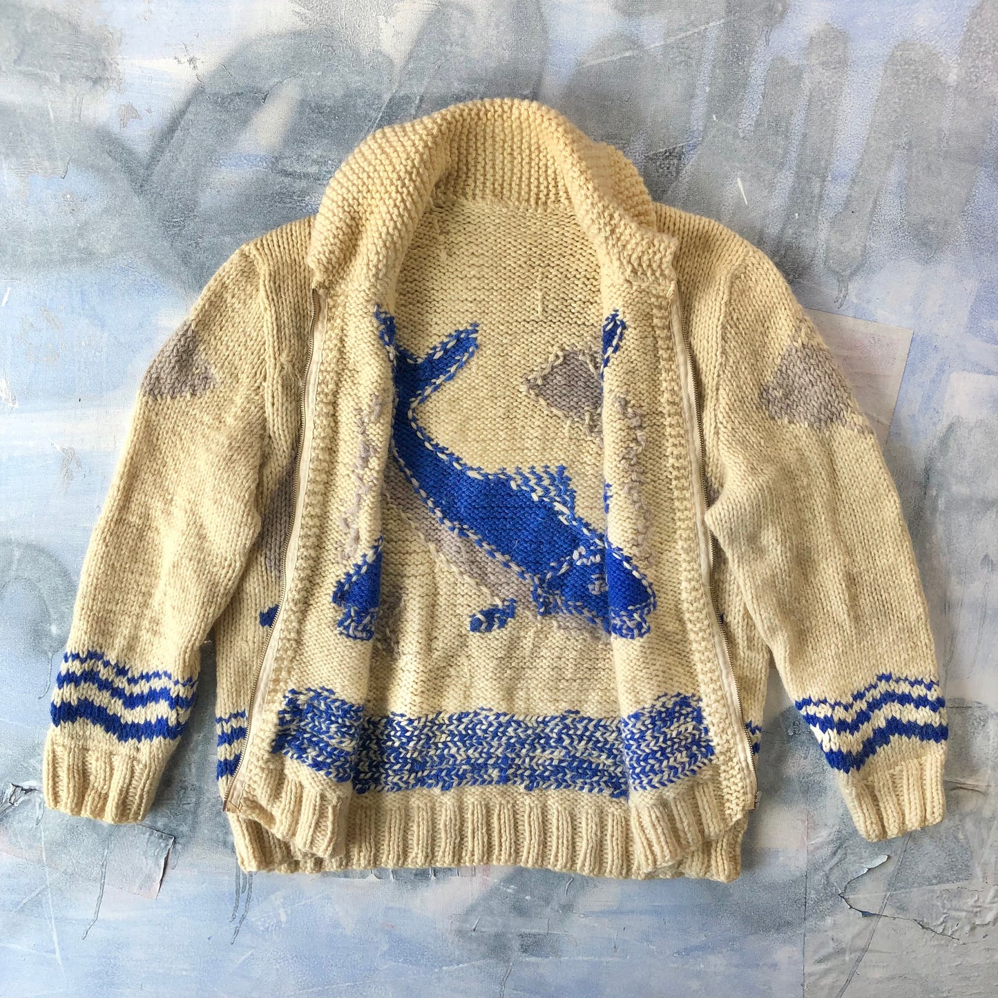 Vintage 60s Salmon Cowichan Wool Zip Sweater XL
