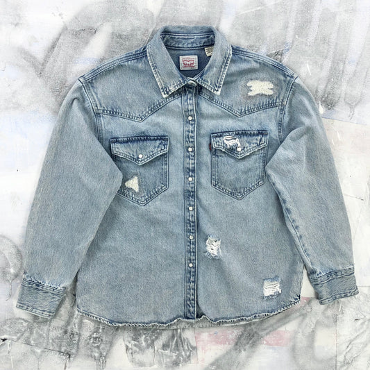 Vintage Levis Western Distressed Style Denim Button Shirt M