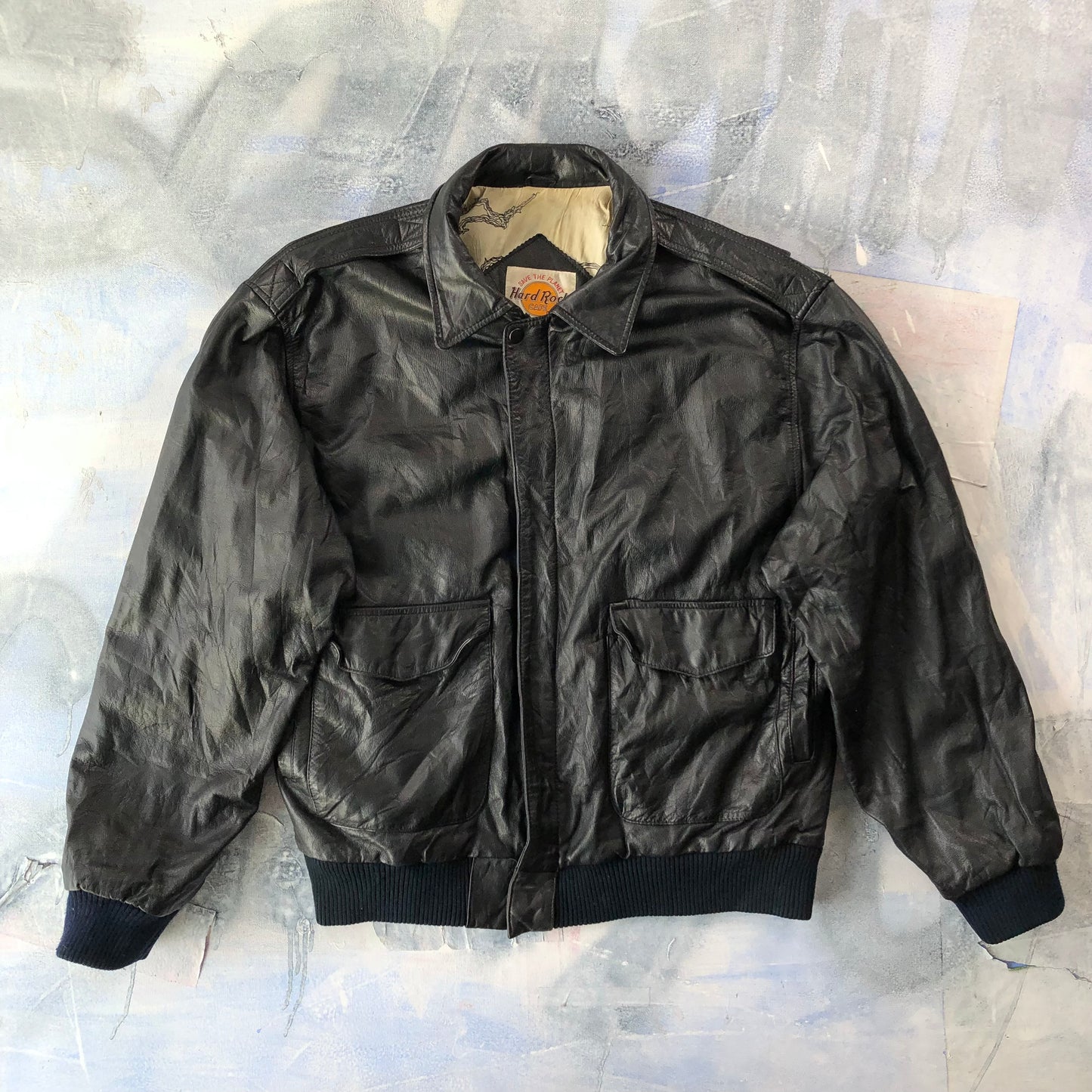 Vintage Hard Rock Cafe Honolulu Hawaii Leather Aviator Map Lined Zip Jacket XL