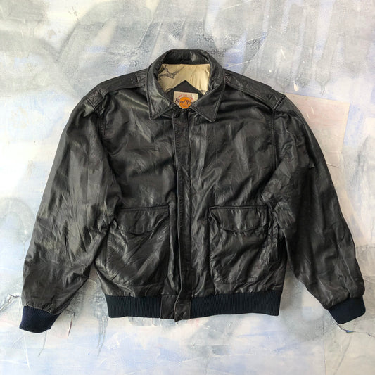 Vintage Hard Rock Cafe Honolulu Hawaii Leather Aviator Map Lined Zip Jacket XL