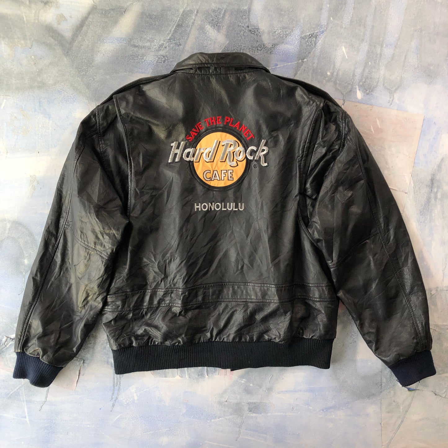 Vintage Hard Rock Cafe Honolulu Hawaii Leather Aviator Map Lined Zip Jacket XL