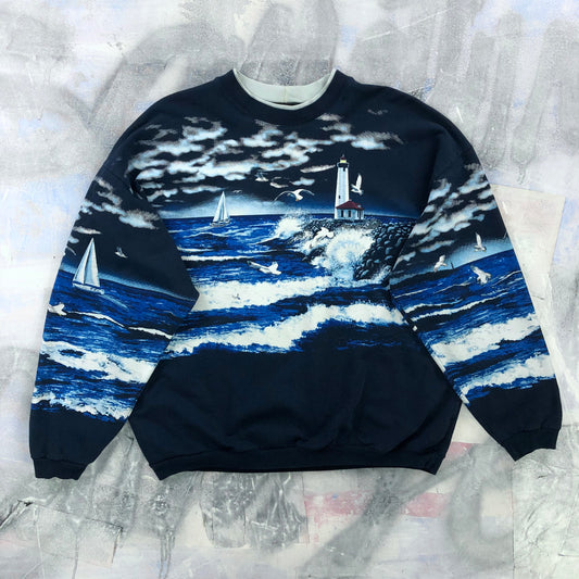 Vintage 90s Lighthouse AOP Crewneck Sweatshirt L