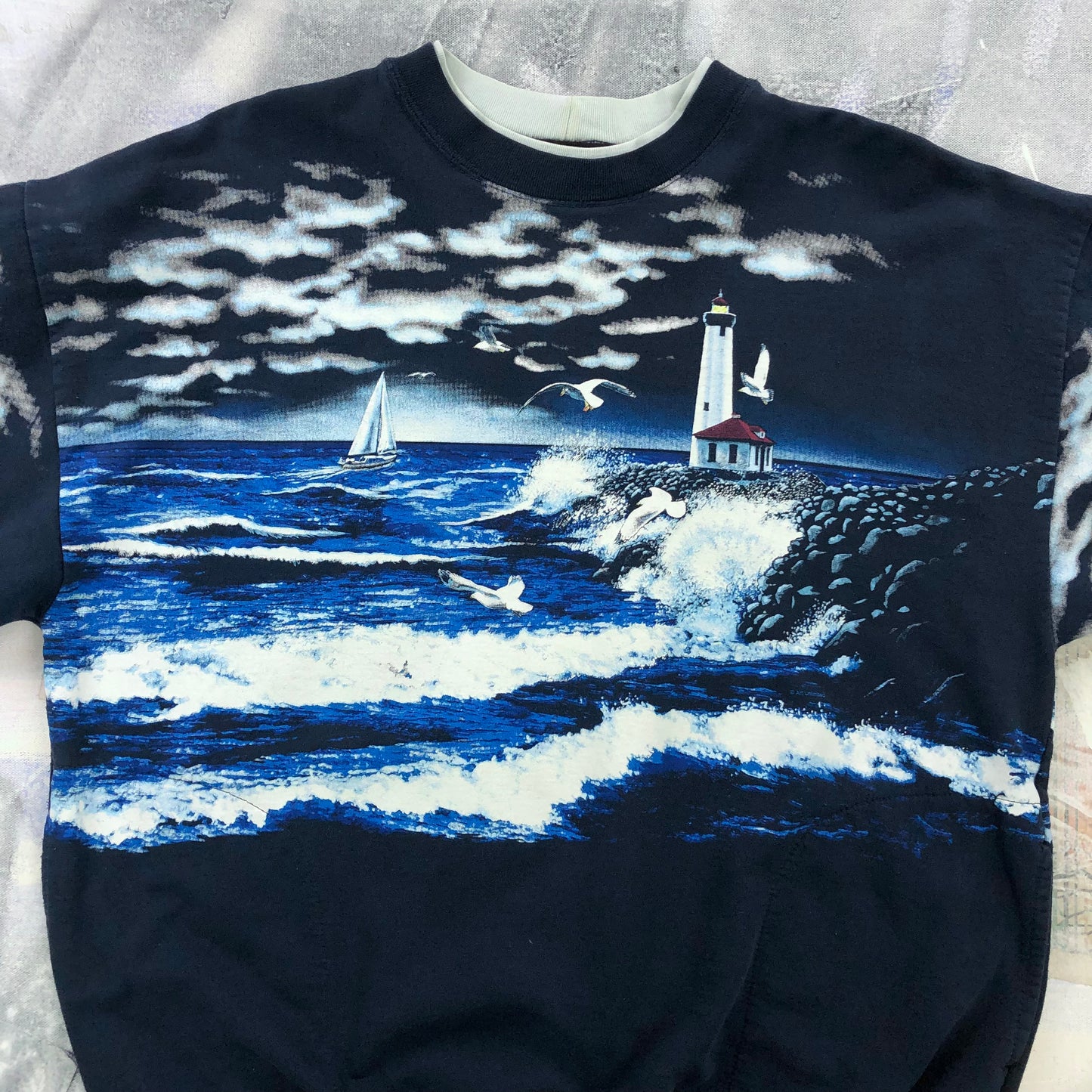 Vintage 90s Lighthouse AOP Crewneck Sweatshirt L