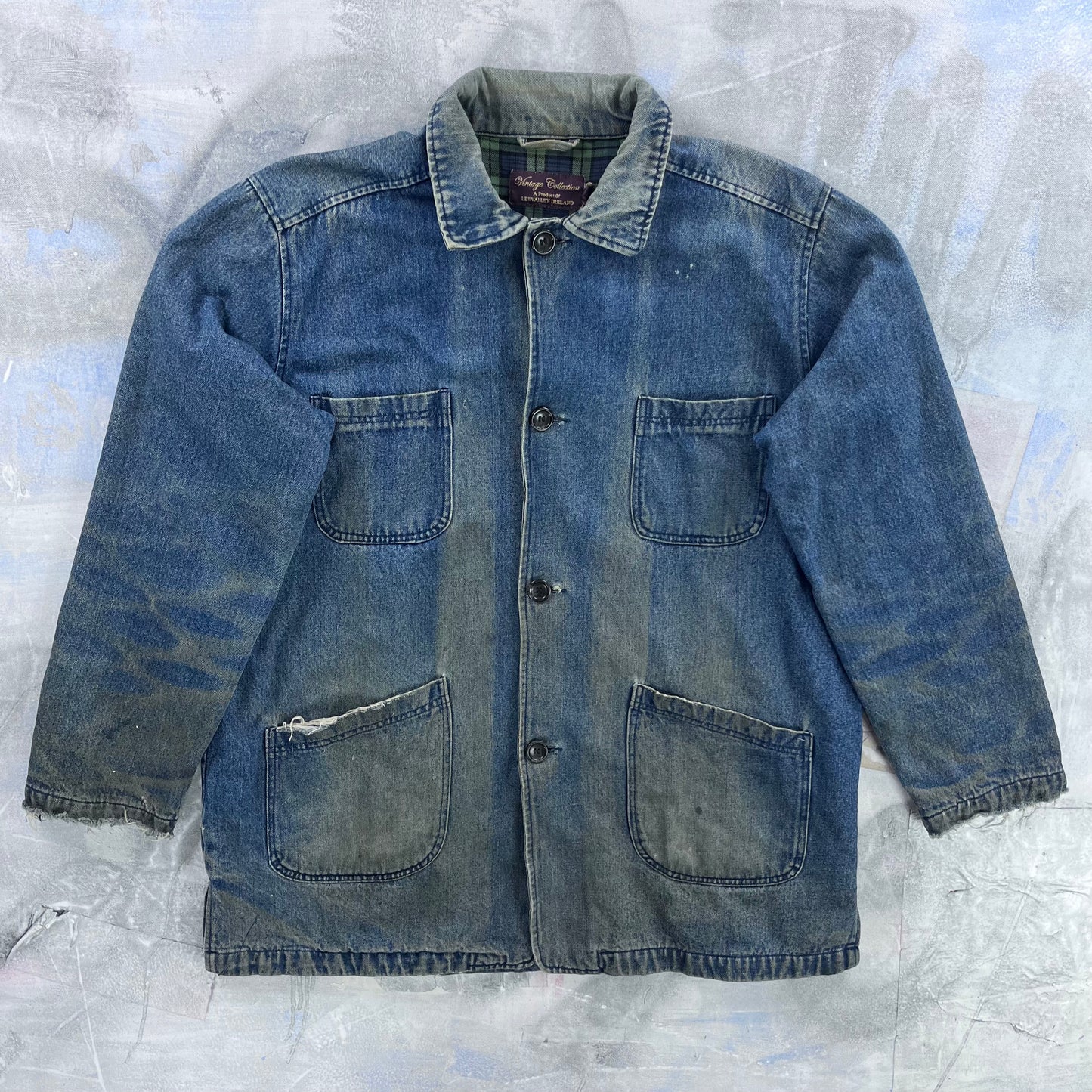 Vintage Lee Valley Ireland Chore Plaid Lined Denim Button Jacket XXL