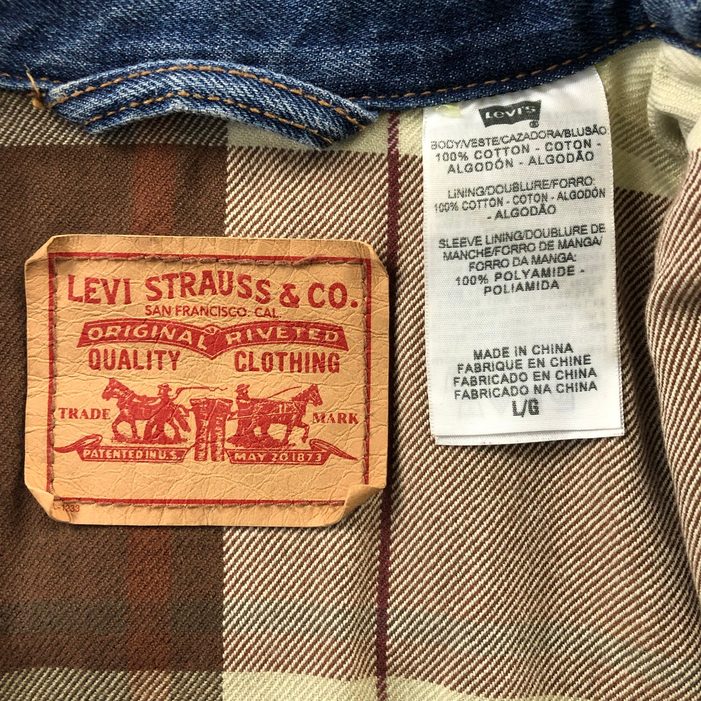 Vintage Levis Plaid Lined Denim Button Jacket L