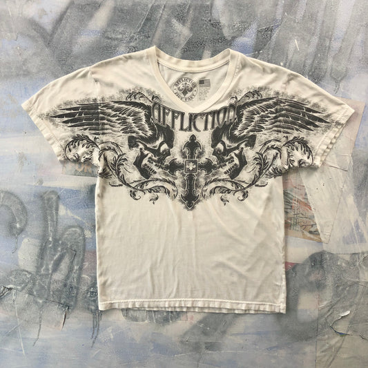 Vintage Y2K Affliction Skull Wings Cross V Neck T Shirt L