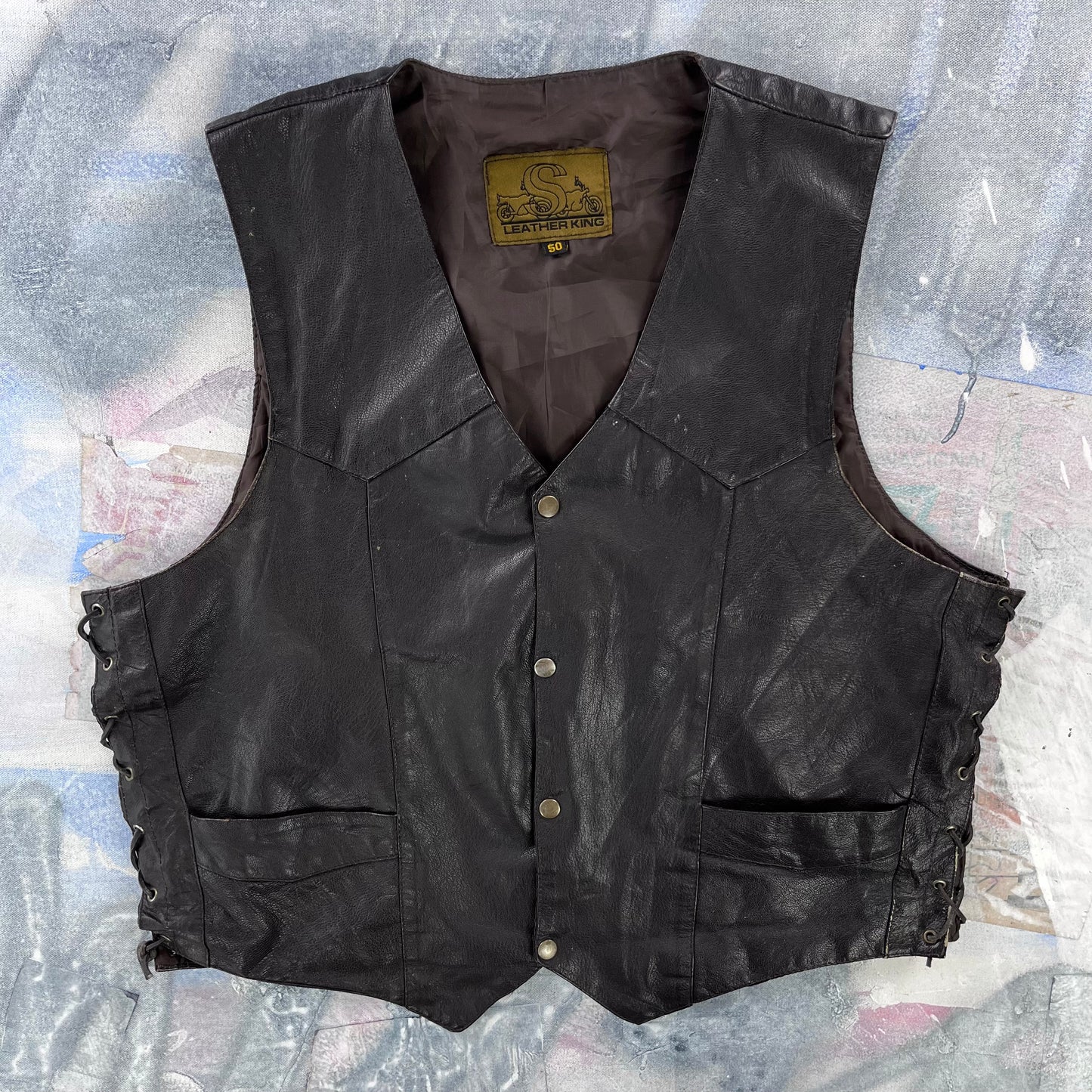 Vintage Leather King Motorcycle Button Vest XL